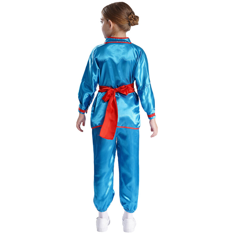 Kombinezon chiński Kung Fu dla dzieci Wushu sztuki walki Tai Chi strój z długim rękawem satynowe topy z paskiem kostium sceniczny