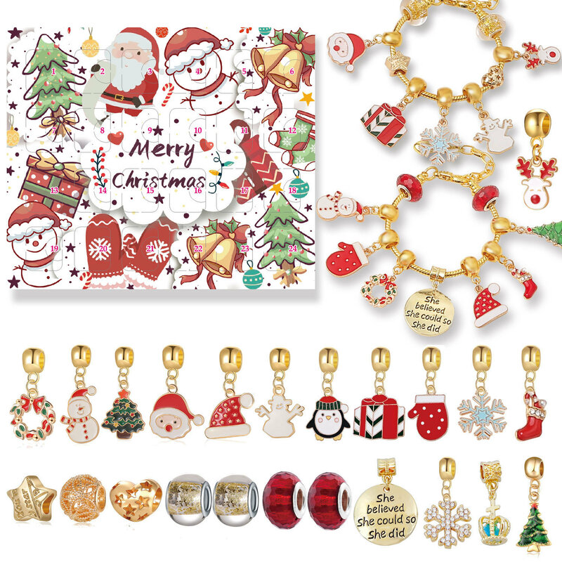 Boîte ennemi de Noël avec calendrier et compte à rebours, bracelet et collier de bricolage, accessoires de cloche, boîte surprise, 24 grilles