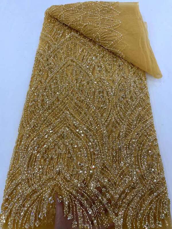 Роскошная африканская сетчатая кружевная ткань 2024, французские тяжелые бусины для жениха ручной работы, тюлевые блестки, кружево для женщин, свадебное платье
