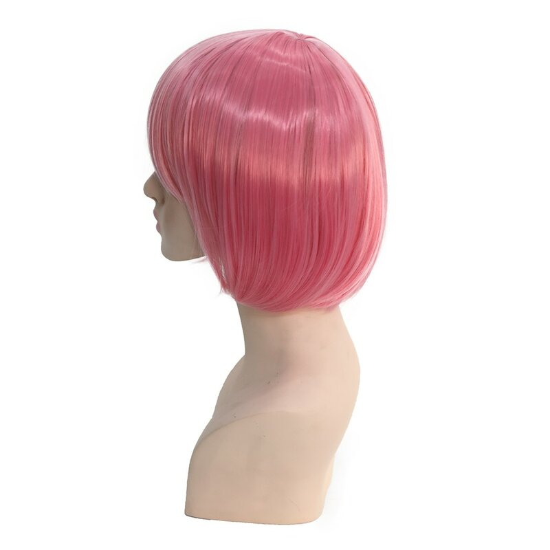 Pink Short Bob Straight Synthetic Wig With Bangs For Cosplay Lolita Fake Hair For Women Party Natural Wig High Temperature