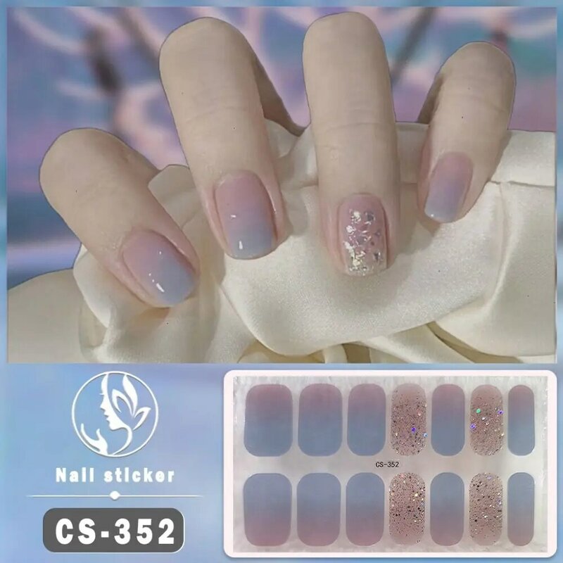 14Tips Foil Gel Nail Stickers Glittering Semi Cured Gel Full Nail Wraps Simple Self-Adhesive Gel Nail Polish Strips