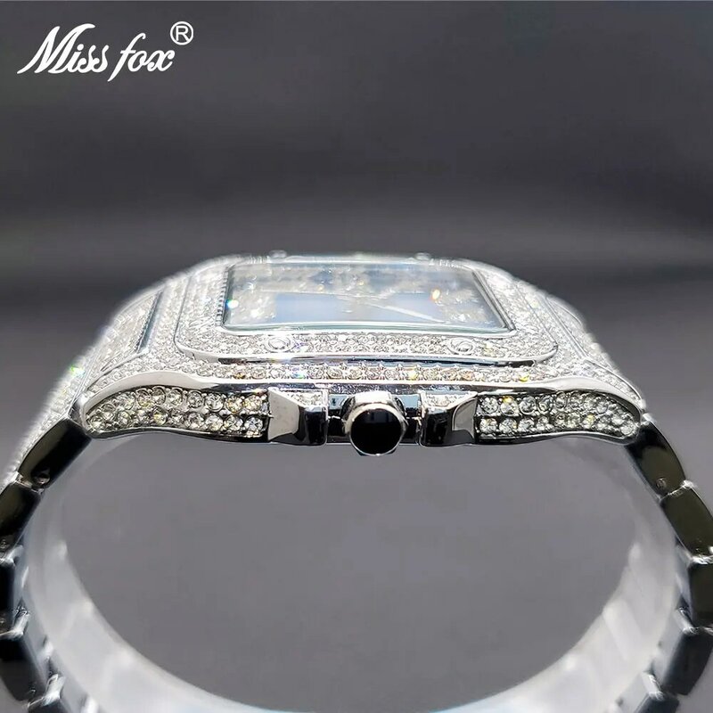 Zegarki kwarcowe luksusowe Iced Out w kolorze niebieskiego diamentu Dial kwadratowy zegarek dla mężczyzn kobiety Party biżuteria wodoodporny Unisex zegar kochanka prezent