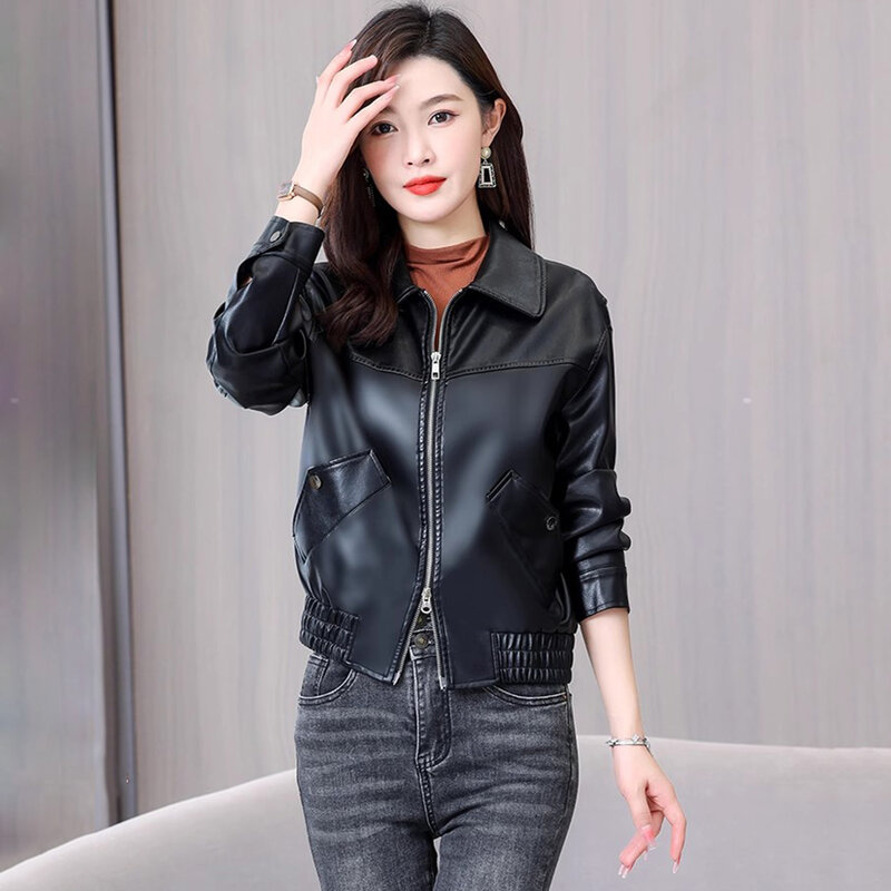 New Women Casual Leather Jacket Spring Autumn Fashion Turn-down Collar Zipper Fly Slim Short Coat Split Leather Outerwear