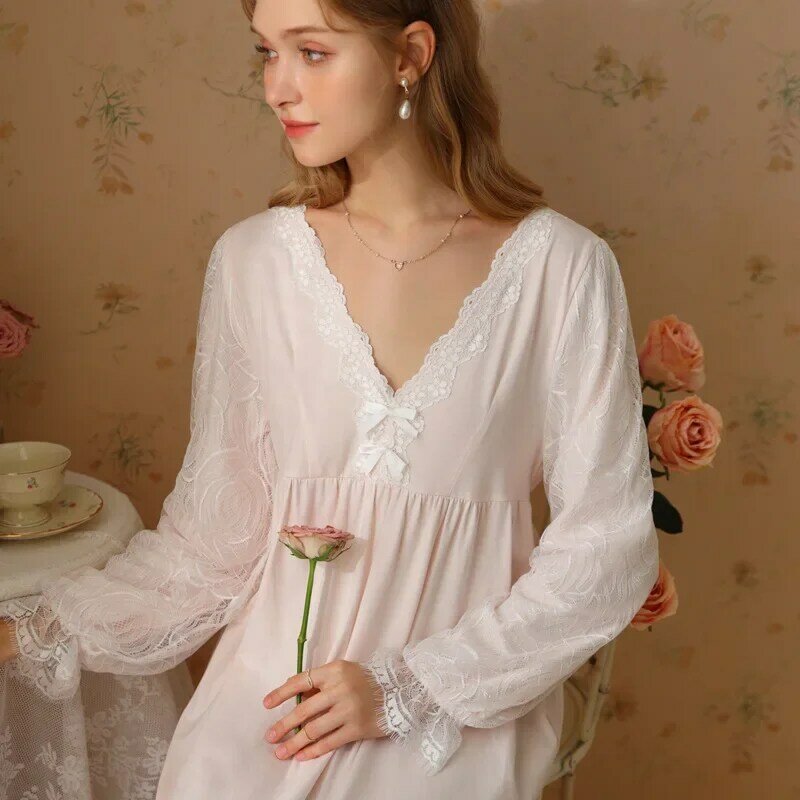Frühling Herbst süße Baumwolle Nachthemd Prinzessin Nachtwäsche Fee Frauen V-Ausschnitt Nacht kleid sexy Spitze lange einfarbige Nachthemd