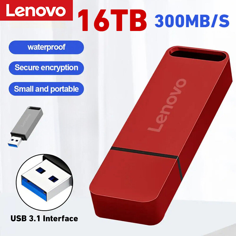 Lenovo-High Speed Metal Flash Drives, USB 3.1, Pendrive, Unidade USB, Memória SSD portátil, Disco Flash, Adaptador Tipo-C, 4TB, 8TB, 16TB