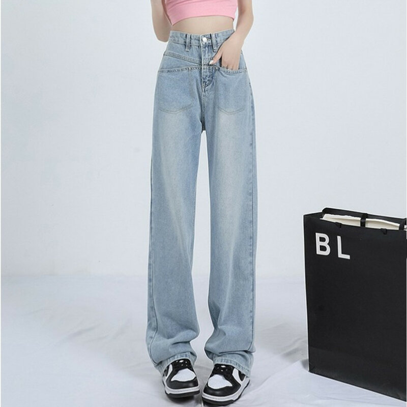 Jeans a gamba larga di colore chiaro 2024 estate nuovi pantaloni mocio da pavimento drappeggiati alla moda a vita alta larghi e dimagranti