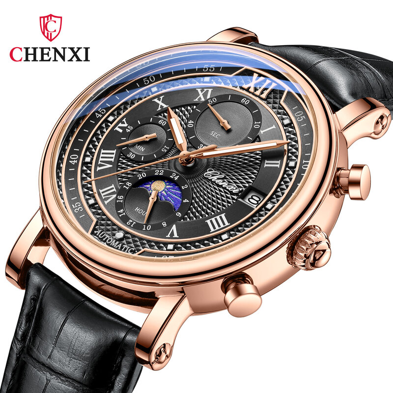 Chenxi 976 가죽 크로노그래프 날짜 남성용 달 타이밍 비즈니스 야광 쿼츠 시계