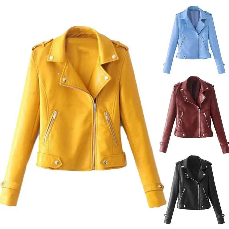 Jaqueta de couro falso para motociclista feminina, manga comprida, cor sólida, lapela, casaco com zíper