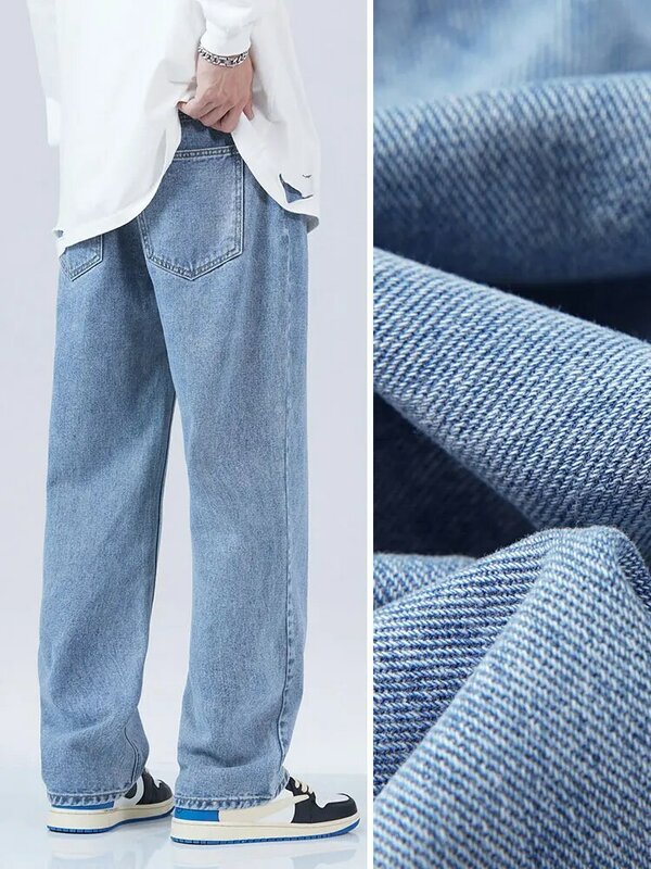 2023 New Autumn Blue Jeans Men Korean Vintage Banding Waist Denim Cotton Casual Wide-Leg Long Pants Straight Baggy Jean Trousers
