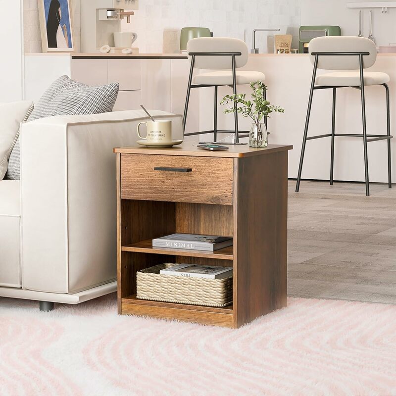 Comfort Corner Everyday Side Table with Charging Station - Wooden Brown Nightstand Bedside Table with Drawer, End Table