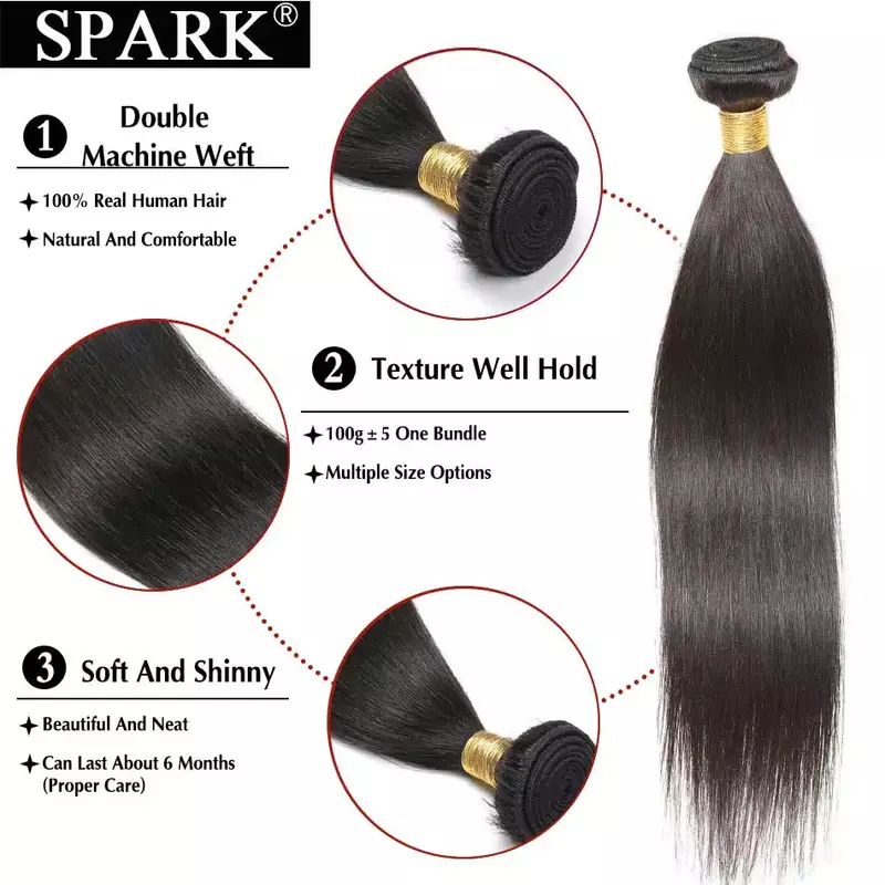 SPARK 8-30 inch 5A Brazilian Straight Human Hair Extension 1B Natural Black Color 100% Human Hair Weave Bundles Remy Hair