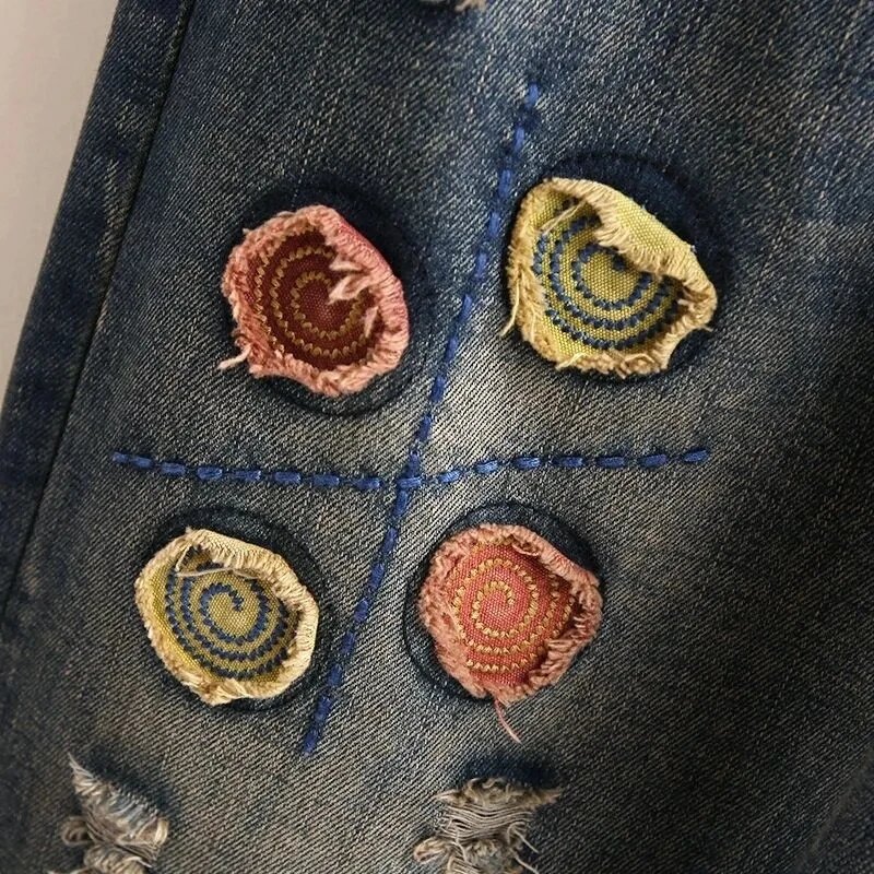 2024 Spring New Jeans Women Patch Embroidery Retro Denim  High Waist Nine Points Cowboy Trousers Denim Harlan Pants Ladies 4XL