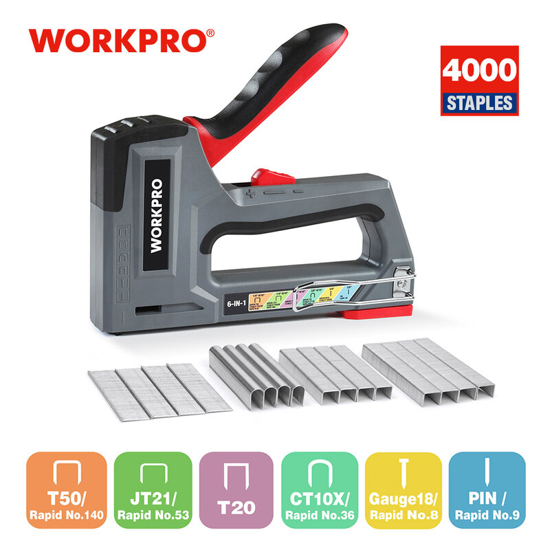 WORKPRO 6-in-1 Heavy Duty Staple Gun for Fixing Material Manual Nail Gun Wth Two Power Options for DIY Home Decor