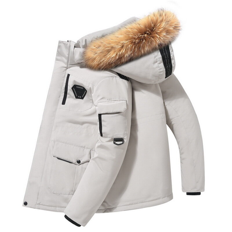 Męskie puchowe płaszcze z kapturem futrzane kurtki puchowe zimowe codzienne płaszcze puchowe z kaczego wysokiej jakości męskie wiatroszczelne ciepłe parki na zimę 4