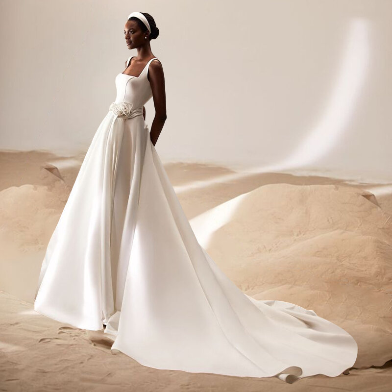 Modest Minimalist A-Line Wedding Dresses Elegant 3D Flowers Bridal Gowns Square Neckline Long Train Vestidos De Novia
