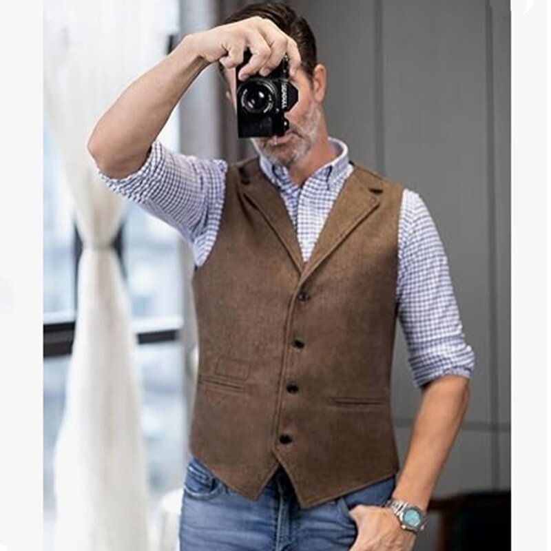 Men Vest Notch Lapel One-Breasted Slim Fit Waistcoat Steampunk Brown For Wedding Groomsmen Single Breasted Men's Clothing