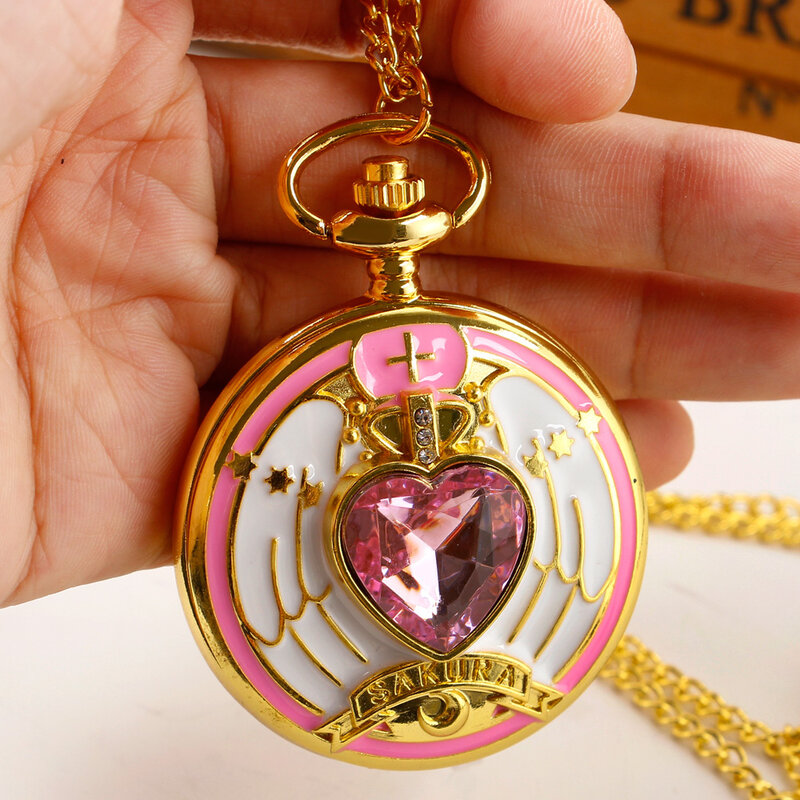 Pink Cute Cherry Blossom Diamond Inlaid Quartz Pocket Watch Necklace for Women Children's Birthday Graduation Gift Souvenir
