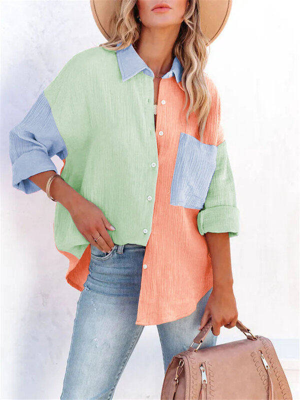 Camisa de algodón con retazos de colores para mujer, camisa suave de manga larga con botones, informal, Primavera, 2022