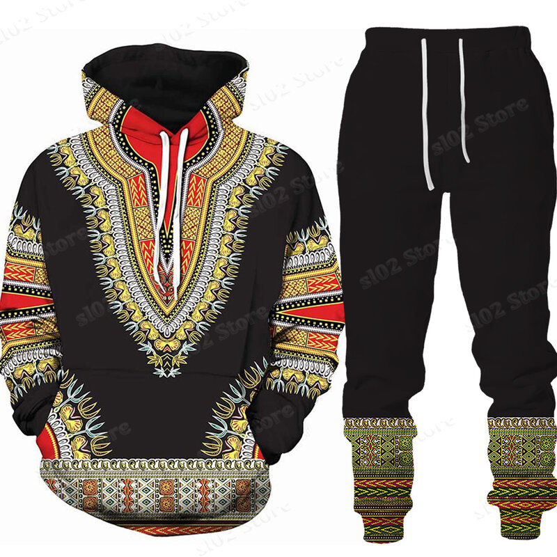 Conjuntos com capuz estilo étnico africano para homens e mulheres, moletom casual com capuz, calças de corrida, pulôver masculino, roupa fashion