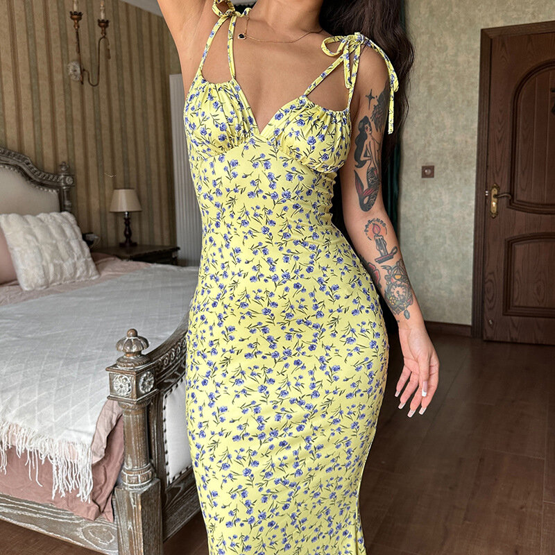 New Summer Floral Maxi Dresses For Women Sexy Sleeveless Lace Up Bodycon Long Dress Elegant Beach Vacation Dress Vestidos