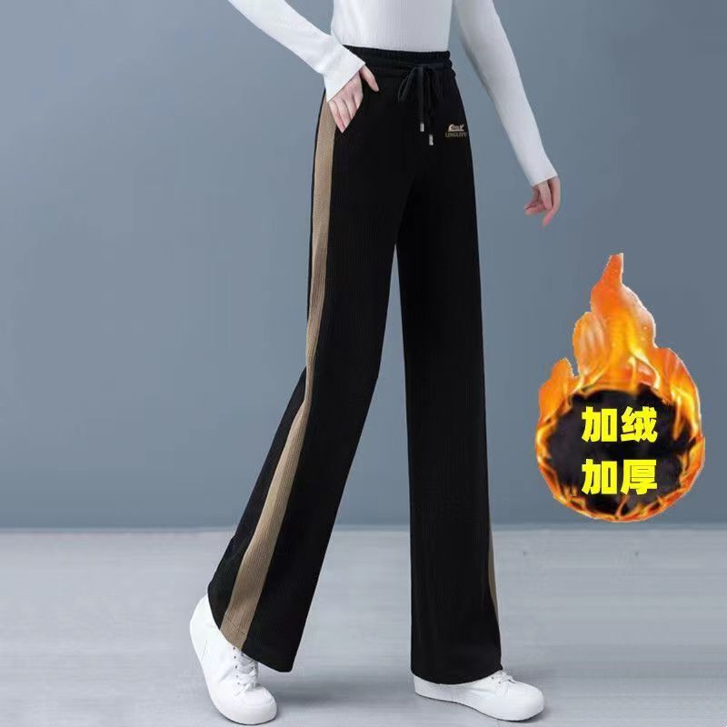 New Autumn Winter Women Korean Fashion Patchwork Letter Embroidery Fleece Pants Female Casual Loose Straight Trousers Pantalones