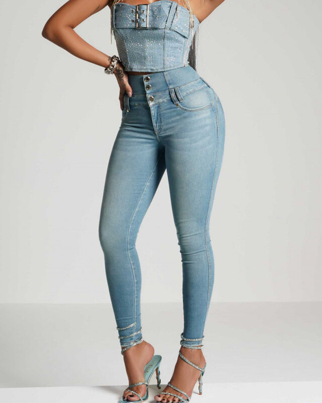 Jeans jeans elástico de cintura média feminina, calças finas, calças elásticas, elevação de bunda, ajuste fino, alta qualidade, moda, 2024