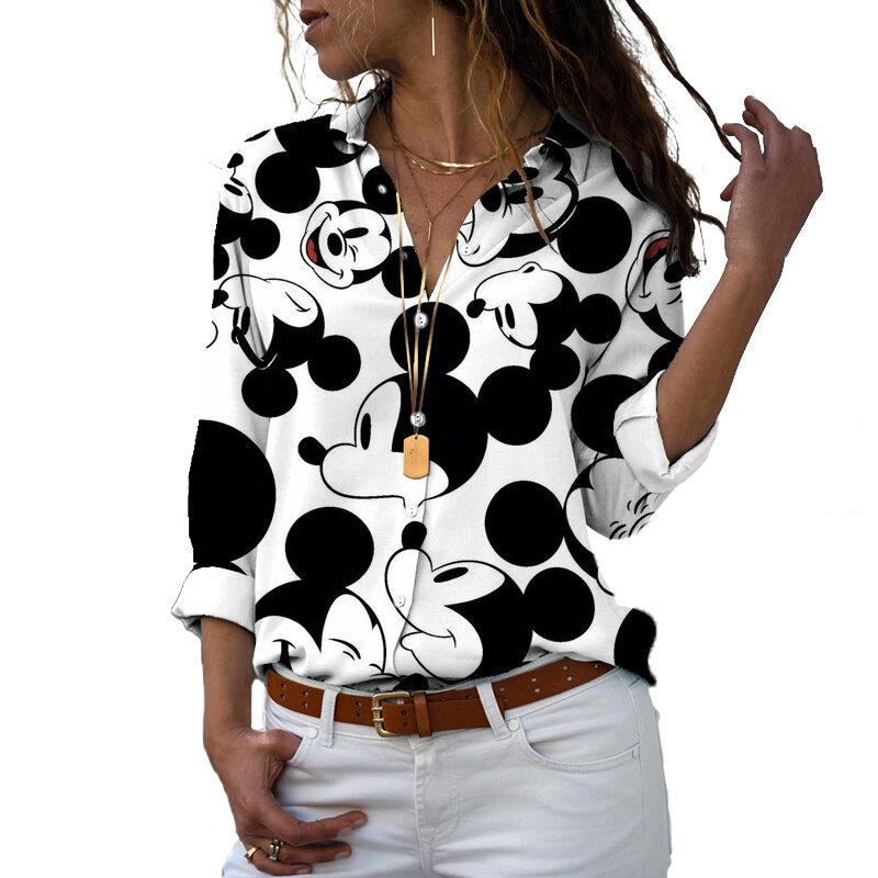 Disney-Camiseta de manga larga con botones y solapa para mujer, camisa informal con estampado 3D de Mickey, Minnie, el Pato Donald, Harajuku, nueva, y2k