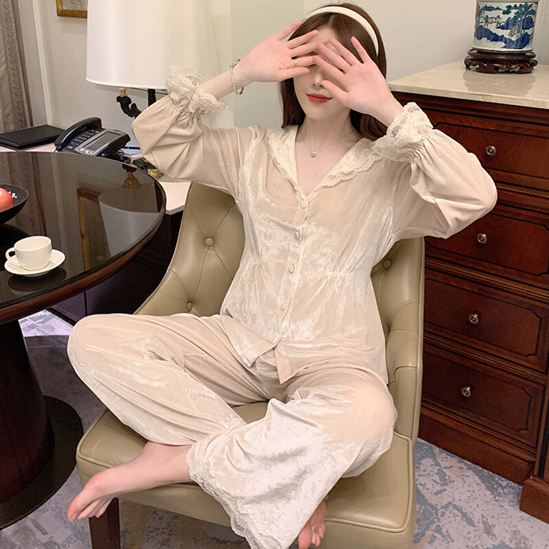Palast Stil Gold Samt Pyjama für Frauen Herbst Winter neue Prinzessin Nachtwäsche Set warm verdicken Nachtwäsche Pijama Home Kleidung