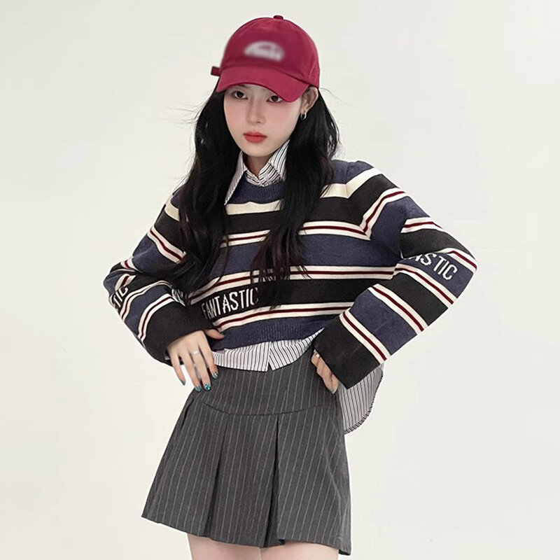 Women's Knitted Top Stripe Colors Preppy Style Long Sleeves Casual Loose Pullover Sweater Top Spring Autumn