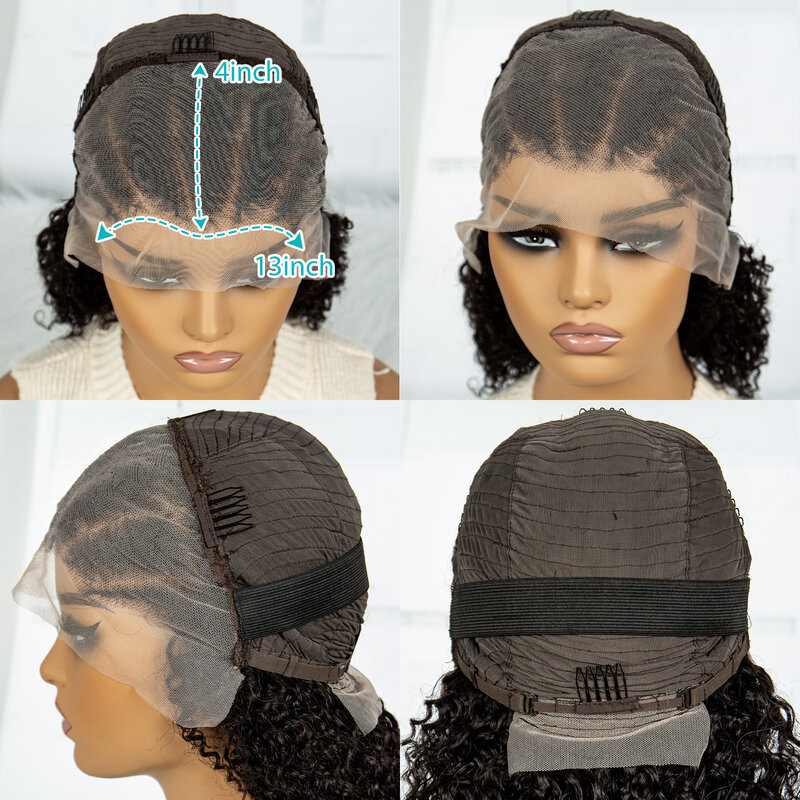 Peluca de cabello humano rizado con trenzas para mujeres negras, pelo brasileño con ondas al agua, encaje Frontal 13x4, 220% de densidad, Bob Jerry