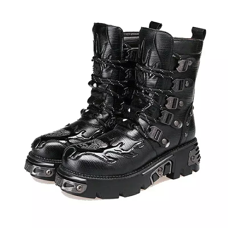 Retro Gothic Punk Men's Genuine Leather Motorcycle Boots Platform Rubber Boots Winter Mid-Calf Military Combat Boots Fashion47