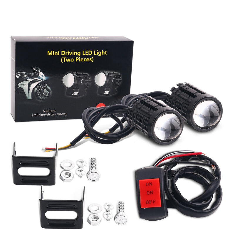 범용 오토바이 LED 헤드라이트 프로젝터 렌즈, 듀얼 컬러 ATV 스쿠터 운전 램프, 안개등 보조 스포트라이트 램프, 2 개
