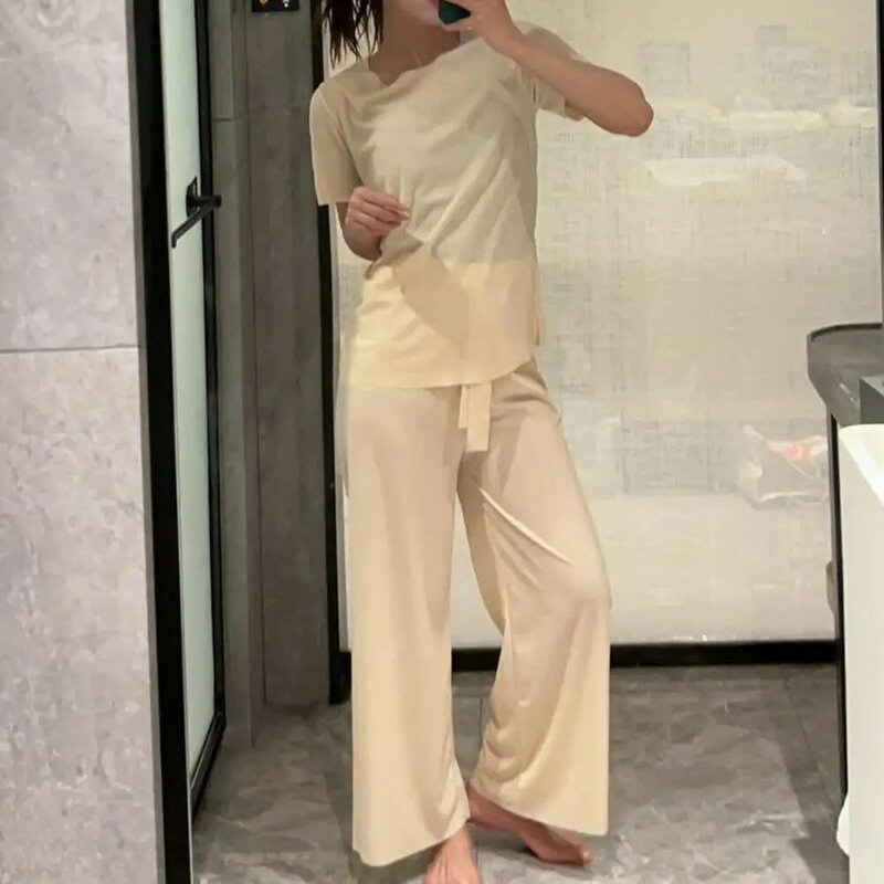 Женская летняя Пижама, комплект из 2 предметов, футболка с круглым вырезом, коротким рукавом, эластичным поясом и прямыми широкими штанинами, комплект одежды для отдыха