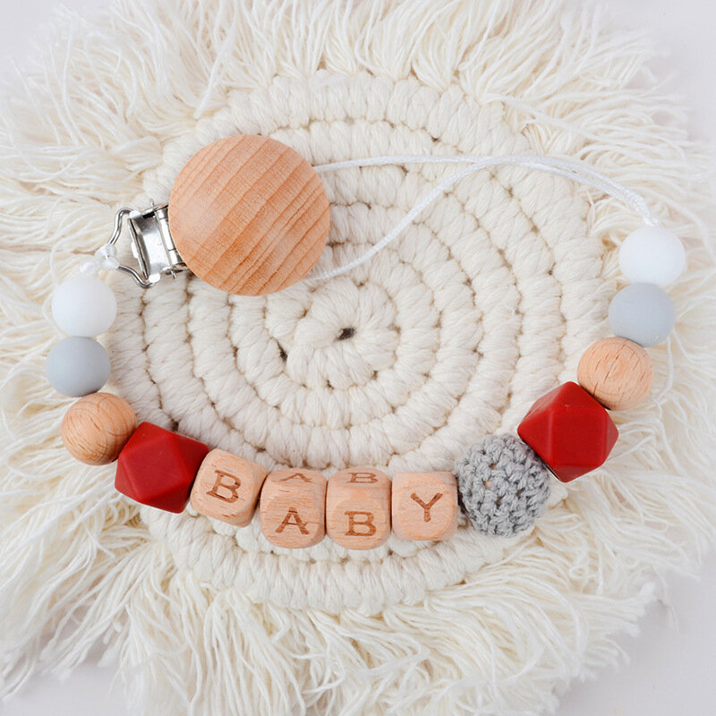 Baby Personalized Name Pacifier Clips Chains Wood Silicone Beads Newborn Dummy Nipple Holder Chain Teething Toys Anti-drop Chain