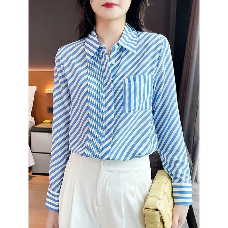 Temperamento cor contraste listrado bolsos blusa feminina de alta qualidade manga longa gola polo escritório shirring all-match camisa