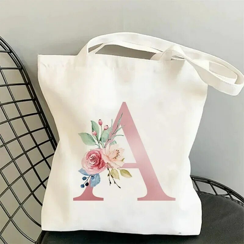 Bolsa de ombro carta flor rosa para mulheres, bolsa de lona minimalista, grande capacidade, estudante, reutilizável, viagem, presente