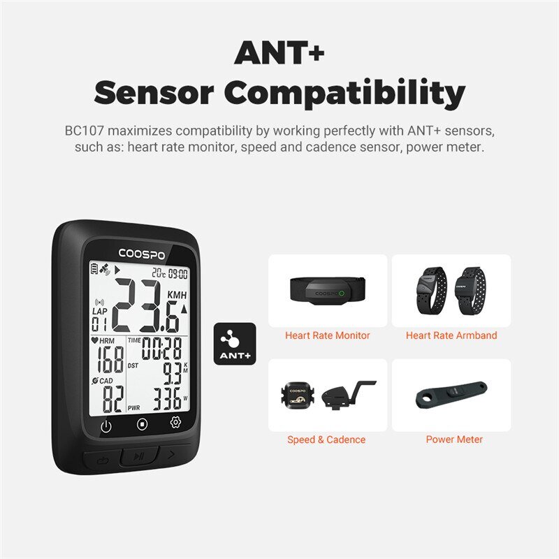 COOSPO BC107 Bike Computer GPS Wireless Bicycle Cycling Odometer Speedometer 2.4"FSTN Bluetooth5.0 ANT+ Waterproof GPS BDS