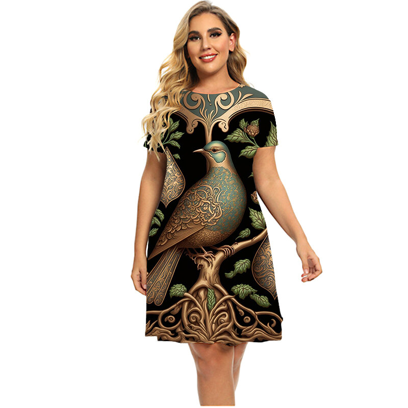 女性のための大きな花柄のサマードレス,ルーズ,カジュアル,半袖,鳥のパターン,最大6XLのラージサイズ,2023