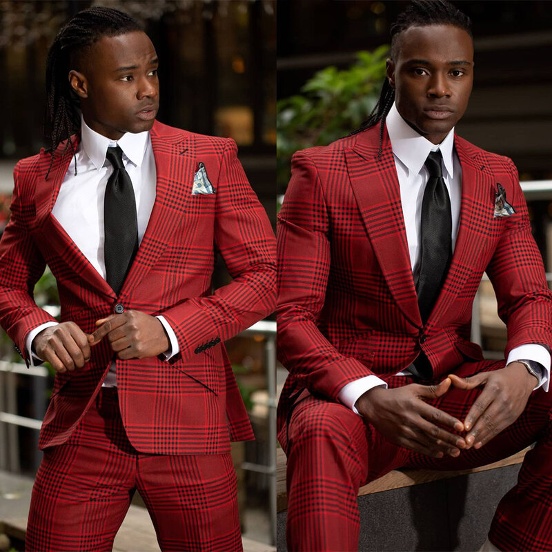 2 Pieces Classic Men's Wedding Suit Plaid Tuxedos Peak Lapel Slim Fit Groom Wear Business Jacket Pants Custom Made