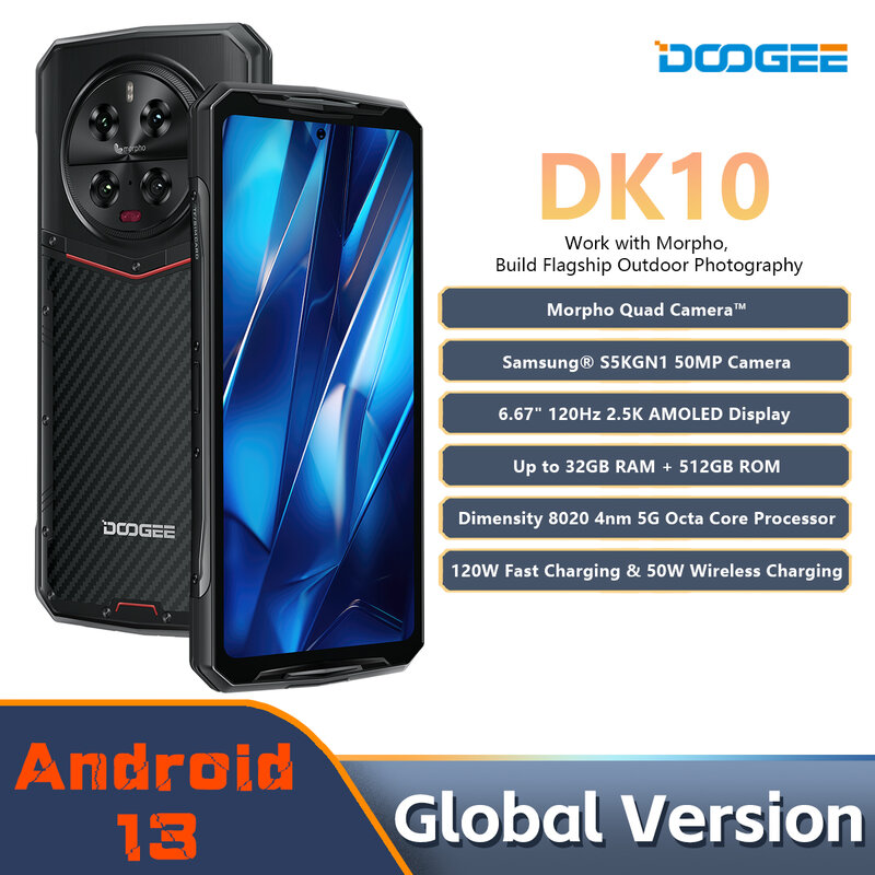 Telefone Robusto DOOGEE-DK 10 5G, Dimensão 8020, Câmera Quad Morpho, 50MP, 6,67 ", 120Hz, 2.5K AMOLED, 120W, 32 GB, 512 GB