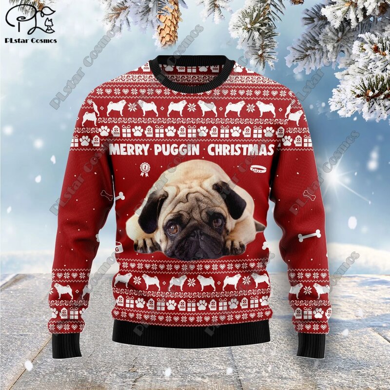 Suéter con estampado 3D de elementos navideños, suéter con patrón de árbol de Navidad, Papá Noel, arte feo, calle informal, S-17 de invierno
