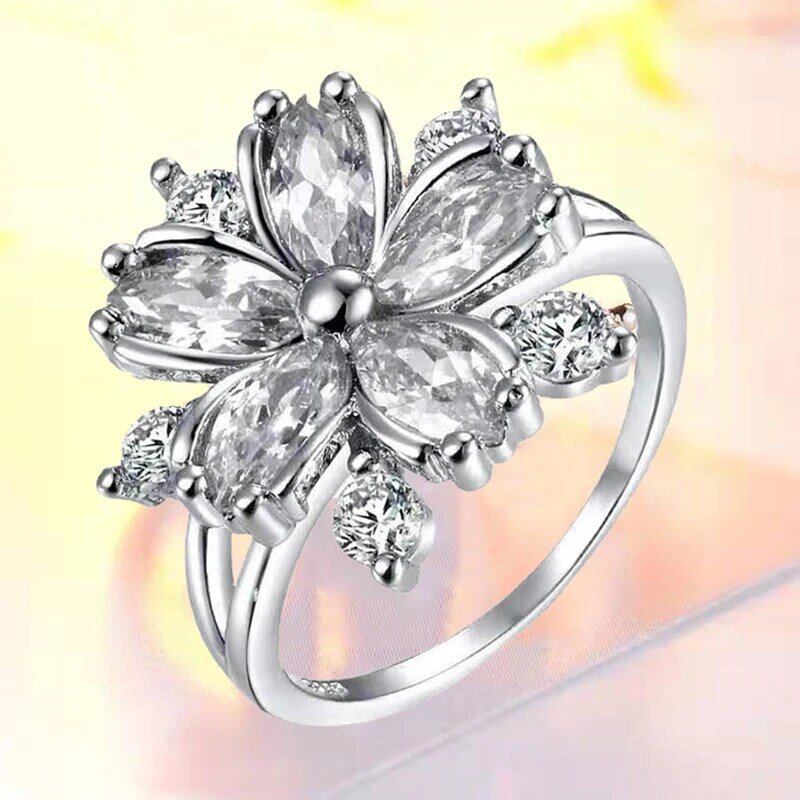 Sakura Prinses Ringen Roze Zilver Kleur Crystal Stone Ring Charm Voor Vrouwen Dainty Bruid Bloem Zirkoon Engagement Ring Mode