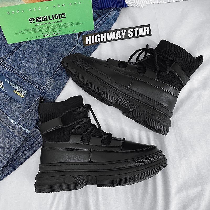 2024 New Autumn Winter Socks Boots Men Ankle Boots Platform Black Shoes for Men Fur Chunky Punk Motorcycle Booties Gothic Shoes
