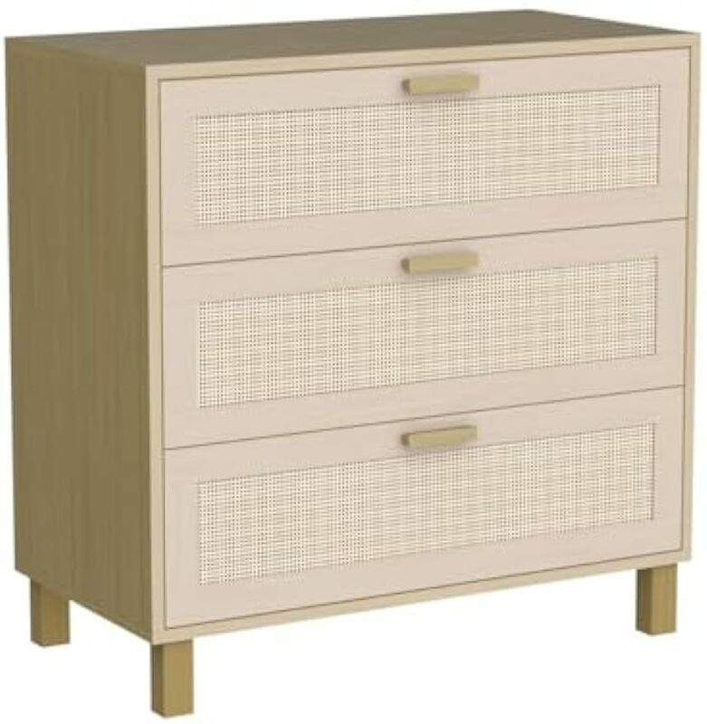 3 Drawer Dresser,Hamilton Rattan Chest of Drawers End Cabinets Storage Corner Bedside Table for Bedroom,Living Room,Entryway,