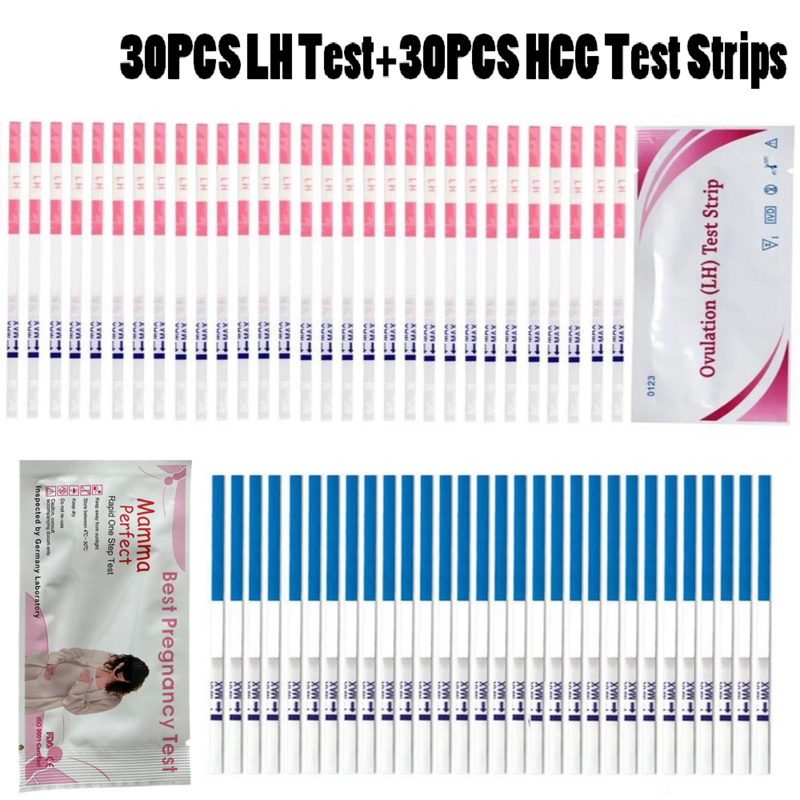 30 szt. Testu owulacji + 30 szt. Preparatu ciążowego HCG paski testowe wysokiej dokładności domowe zestawy do samodzielnego sprawdzania moczu