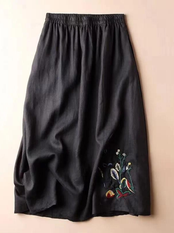 กระโปรงผ้าฝ้ายและ Iinen สำหรับผู้หญิงใส่ในฤดูร้อนกระโปรงทรงเอความยาวระดับกลางเอวสูงพริ้วสีทึบปักย้อนยุคแนวแฟชั่นใหม่