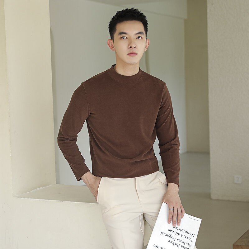 Moda minimalista masculina, estilo coreano, tops térmicos, moda básica bonito em casa, camisa casual com o pescoço, inverno, nova chegada, popular