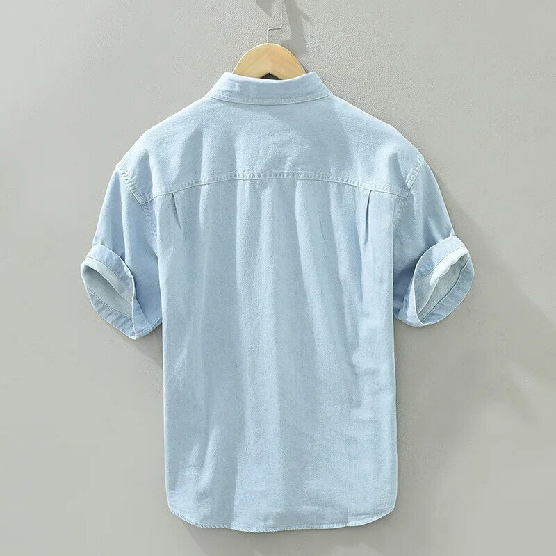 Denim Shirt Men's Short-sleeve Trendy Square Collar Shirt Young Male Loose Casual Jean Shirt Top Men Single Breasted Denim Shirt