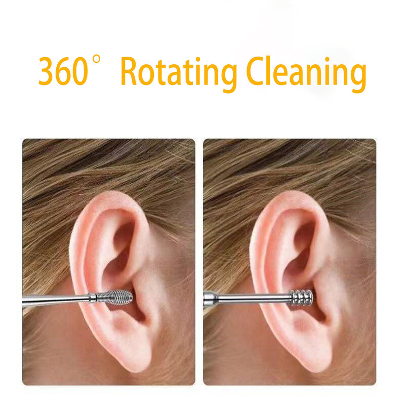 Aço inoxidável Ear Cleaner Conjunto com Saco, Earpick, Colher, Ear Care, Ferramenta de Limpeza, Earwax Removal Kit, 360 °