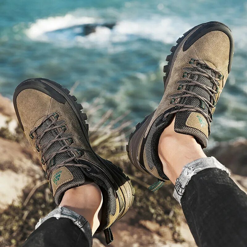 HIKEUP-zapatos de cuero para senderismo al aire libre para hombre, zapatillas de Trekking para turismo, escalada de montaña, Trail Jogging, venta de fábrica